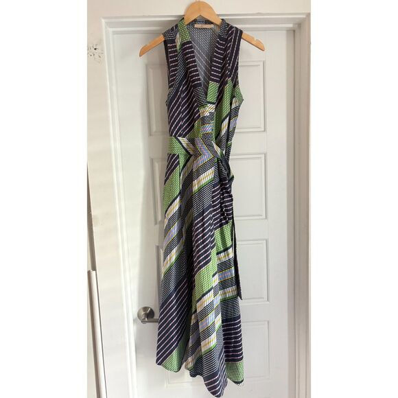 TORY BURCH Striped Cotton-poplin Wrap Midi Dress Navy Size 4 - Picture 5 of 5